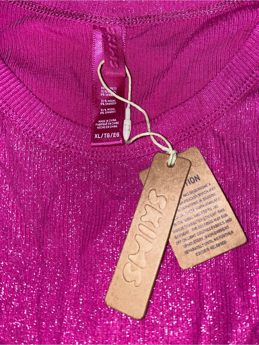 SKIMS SOFT LOUNGE SHIMMER CREW NECK LONG DRESS | FUCHSIA